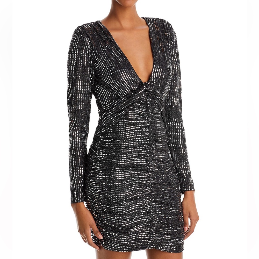 Aqua Metallic Sequined Stripe Ruched Mini Dress